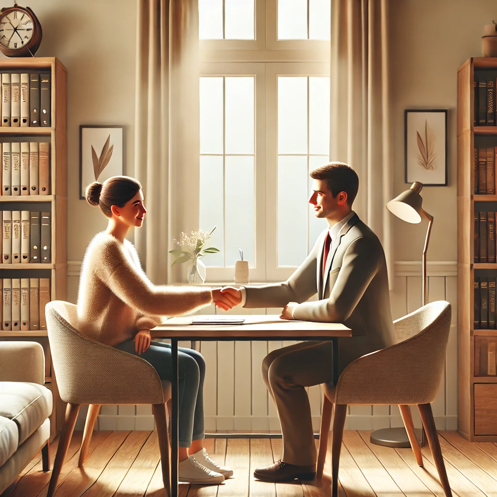 DALL·E 2025 03 13 11.18.17 A Realistic And Warm Vertical 3 2 Illustration Of Two Friendly Individuals Sitting At The Same Desk Shaking Hands In A Cozy Consultation Room Filled
