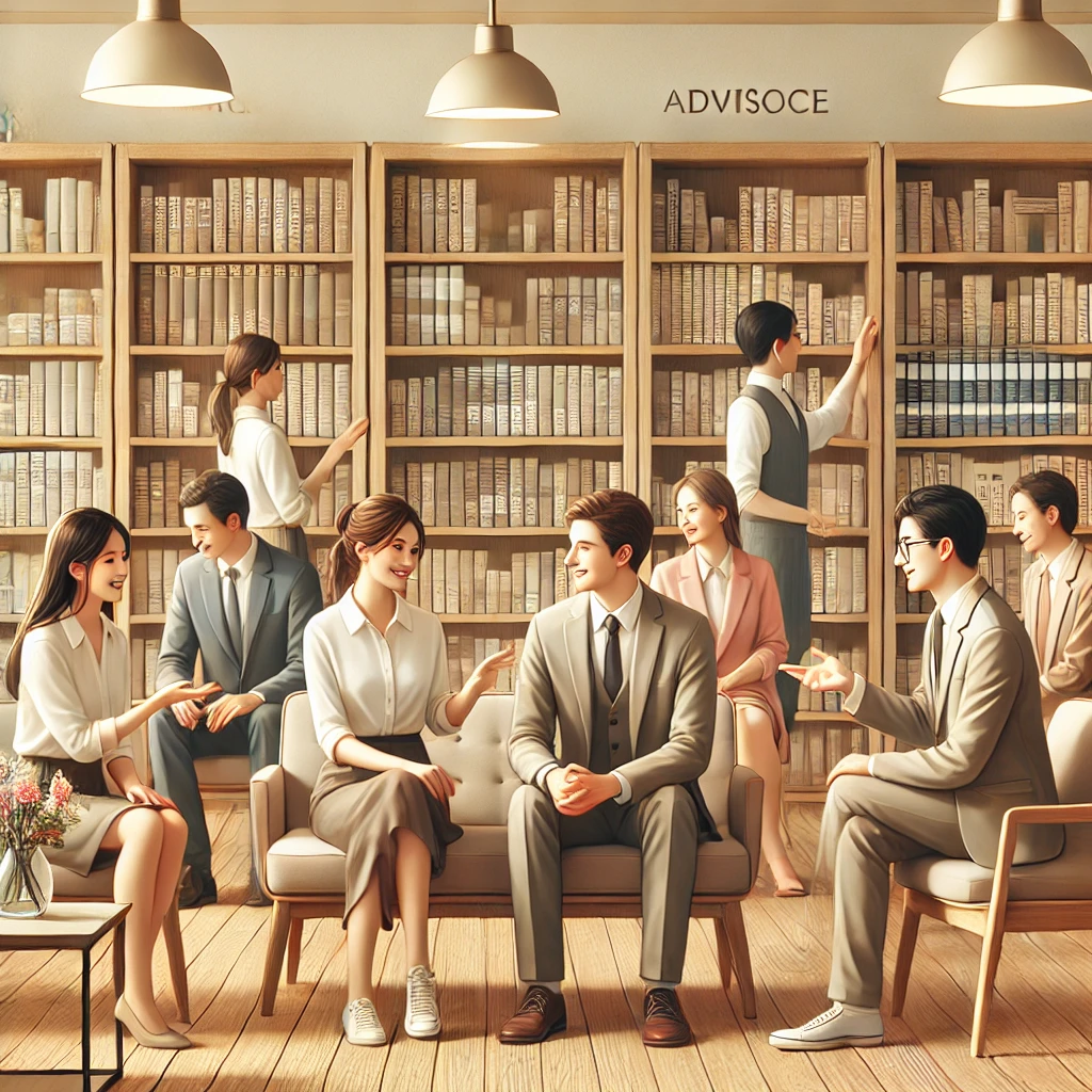 DALL·E 2025 03 13 11.18.20 A Realistic And Warm Vertical 3 2 Illustration Of Friendly Advisors Helping Others In A Cozy Consultation Room Filled With Books. The Advisors Are Div