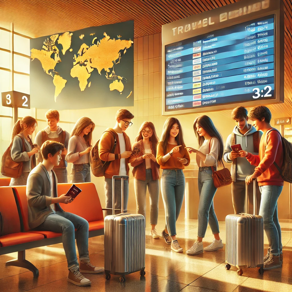 DALL·E 2025 03 13 11.28.00 A Realistic And Warm Vertical 3 2 Illustration Of A Group Of Young People From India Preparing For An Educational Trip Abroad. They Are At An Airport